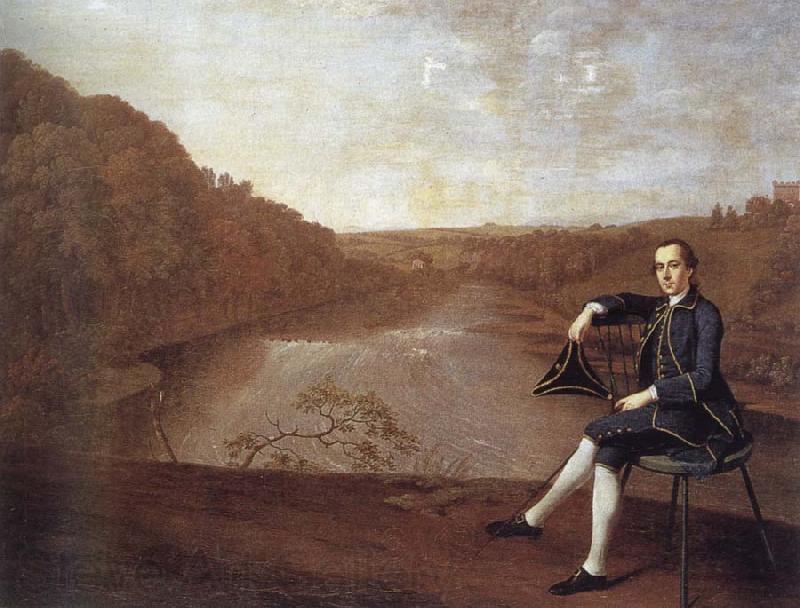 Arthur Devis Philip Howard Seated before a panorama of the river Eden at Corby Castle